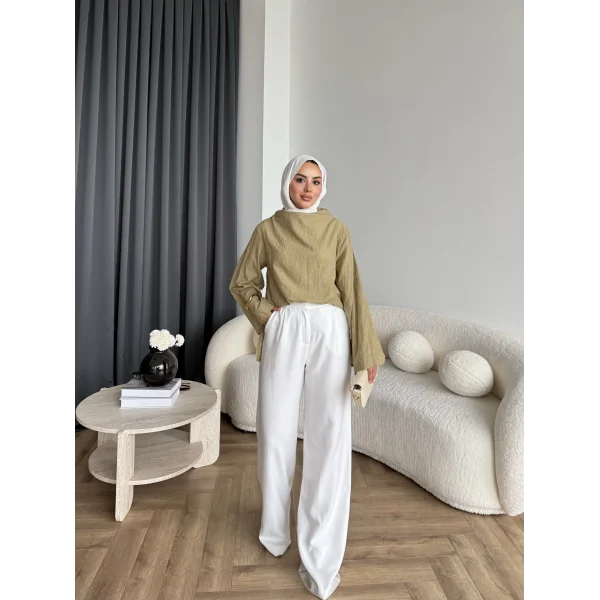 Pln - Crush Kumaşlı Bluz - Yağ Yeşili