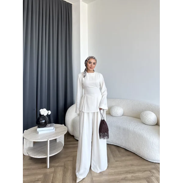 Pln - Vera Yırtmaç Detay Keten Takım - Bej