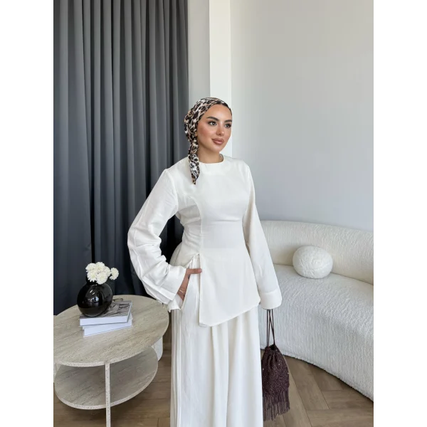 Pln - Vera Yırtmaç Detay Keten Takım - Bej