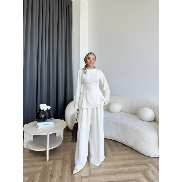Pln - Vera Yırtmaç Detay Keten Takım - Bej