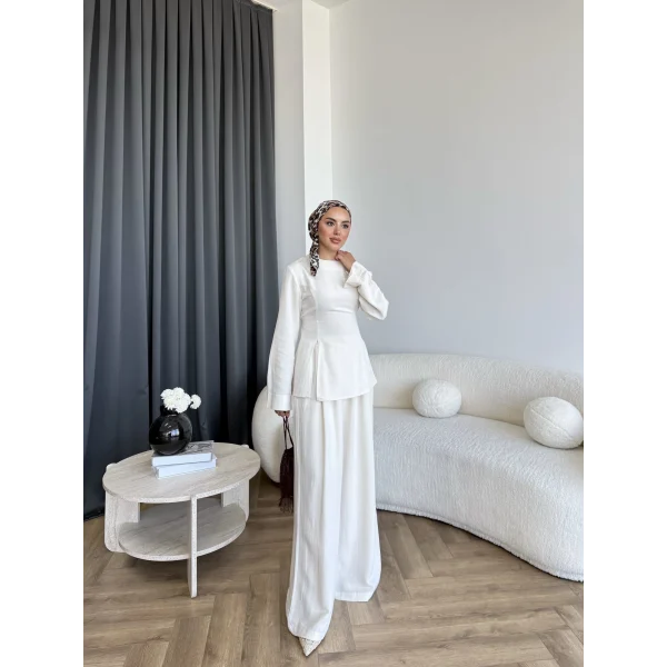 Pln - Vera Yırtmaç Detay Keten Takım - Bej