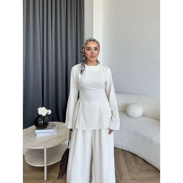 Pln - Vera Yırtmaç Detay Keten Takım - Bej