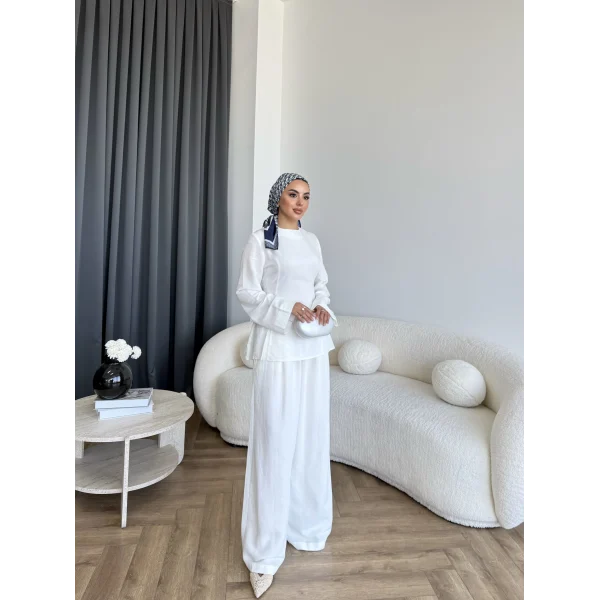 Pln - Vera Yırtmaç Detay Keten Takım - Beyaz