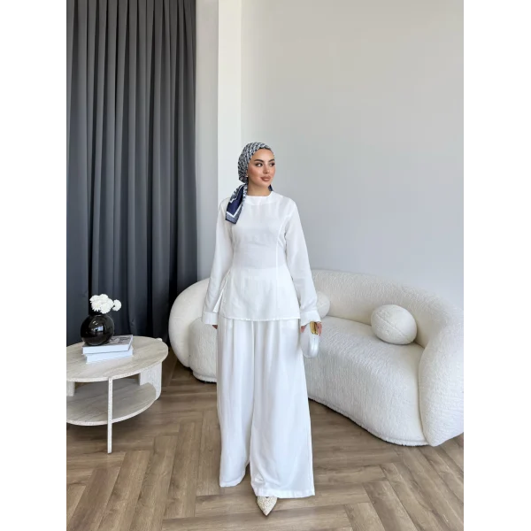 Pln - Vera Yırtmaç Detay Keten Takım - Beyaz