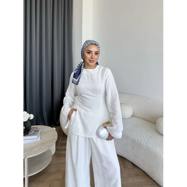 Pln - Vera Yırtmaç Detay Keten Takım - Beyaz