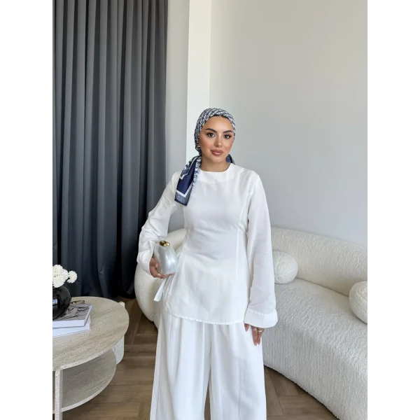 Pln - Vera Yırtmaç Detay Keten Takım - Beyaz