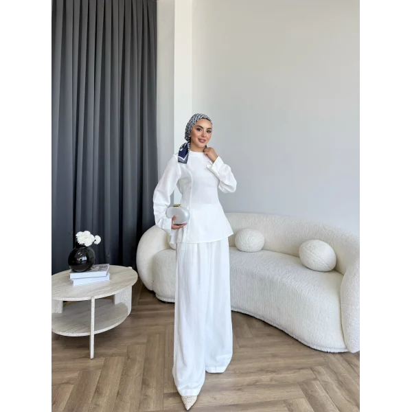 Pln - Vera Yırtmaç Detay Keten Takım - Beyaz