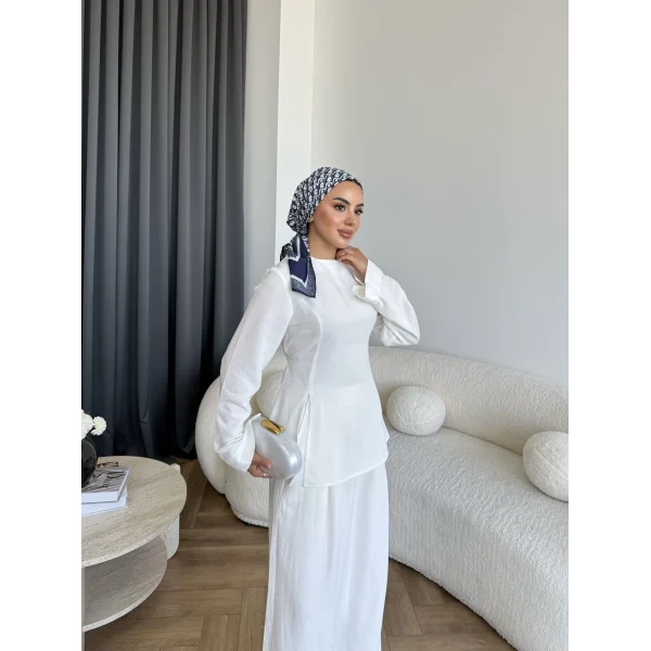 Pln - Vera Yırtmaç Detay Keten Takım - Beyaz
