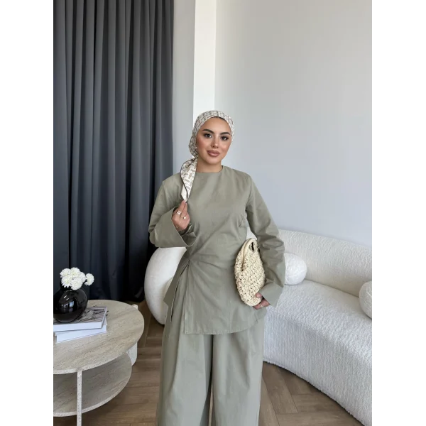 Pln - Vera Yırtmaç Detay Keten Takım - Haki