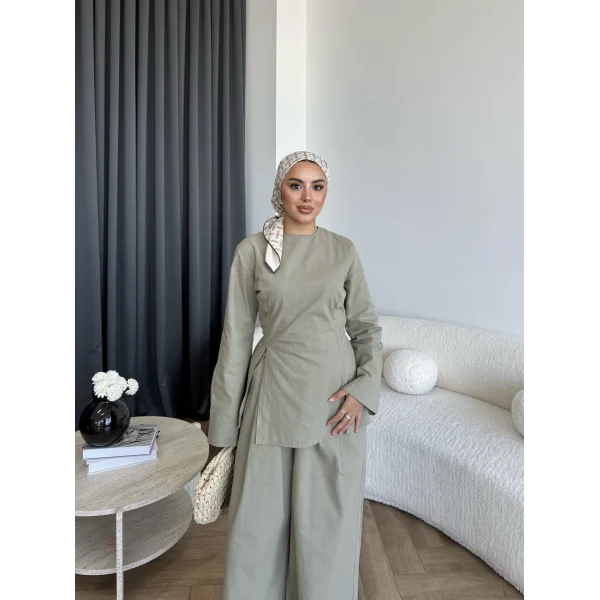 Pln - Vera Yırtmaç Detay Keten Takım - Haki