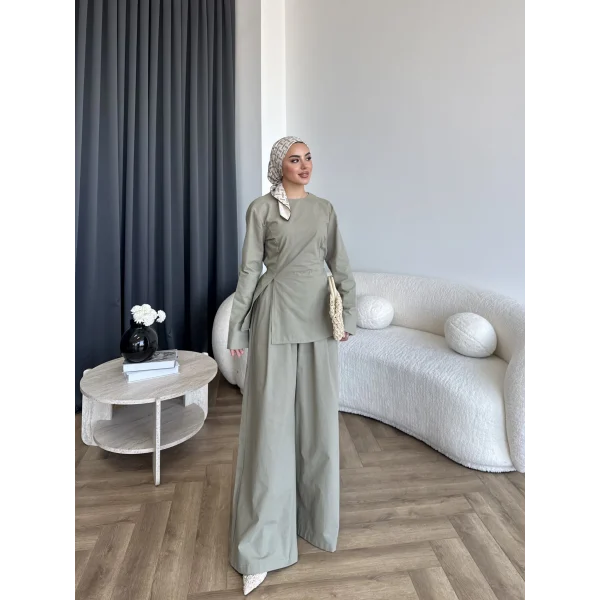Pln - Vera Yırtmaç Detay Keten Takım - Haki