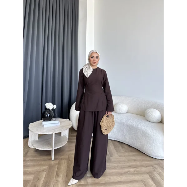 Pln - Vera Yırtmaç Detay Keten Takım - Kahve
