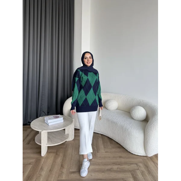Pls-Baklava Desen Triko Kazak - Yeşil