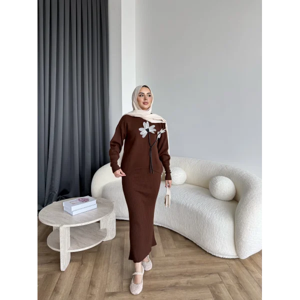 Pls-Çiçek Detay Jile Elbise - Kahve
