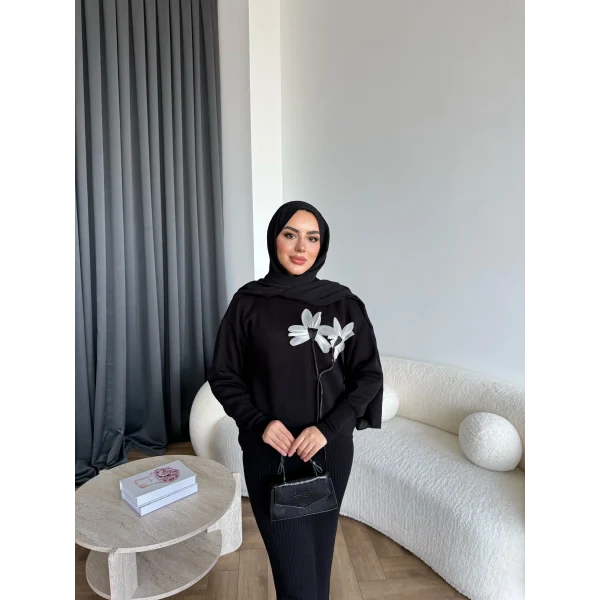Pls-Çiçek Detay Jile Elbise - Siyah