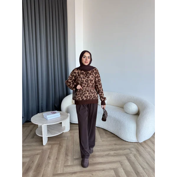 Pls-Leopar Desen Triko Kazak - Açık
