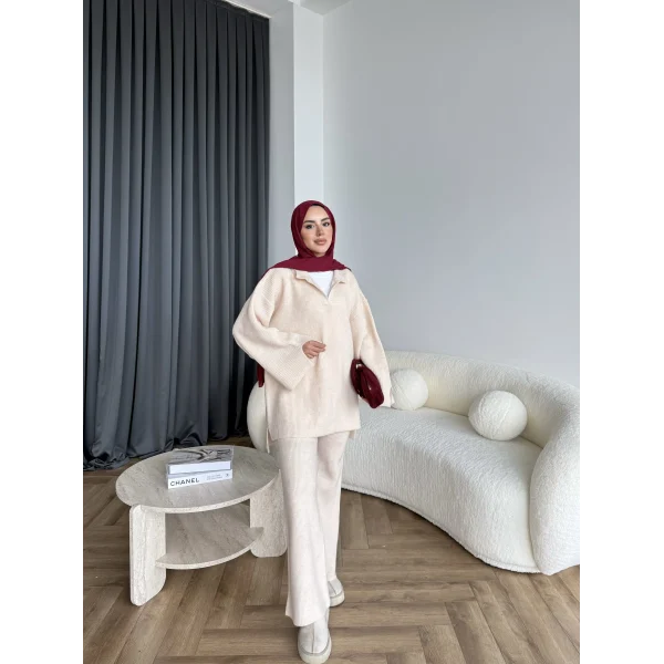 Polo Yaka Örgü Triko Takım - Bej