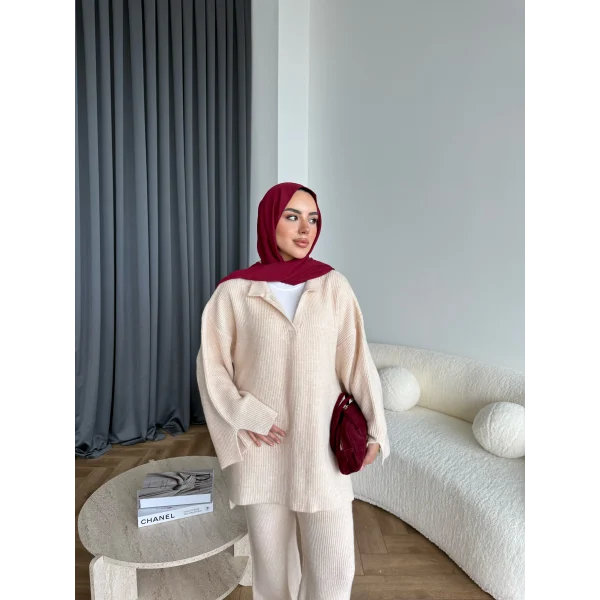 Polo Yaka Örgü Triko Takım - Bej