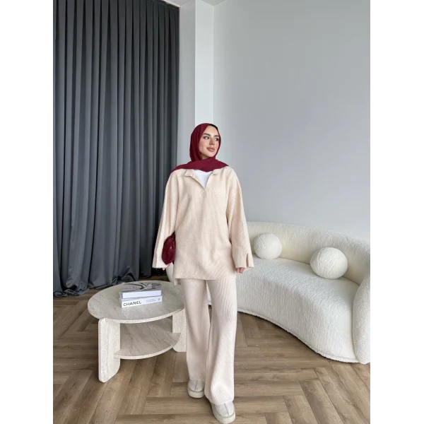 Polo Yaka Örgü Triko Takım - Bej