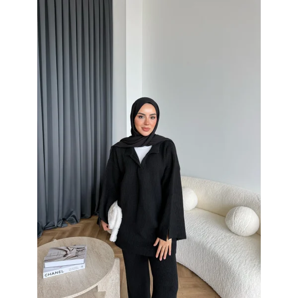 Polo Yaka Örgü Triko Takım - Siyah