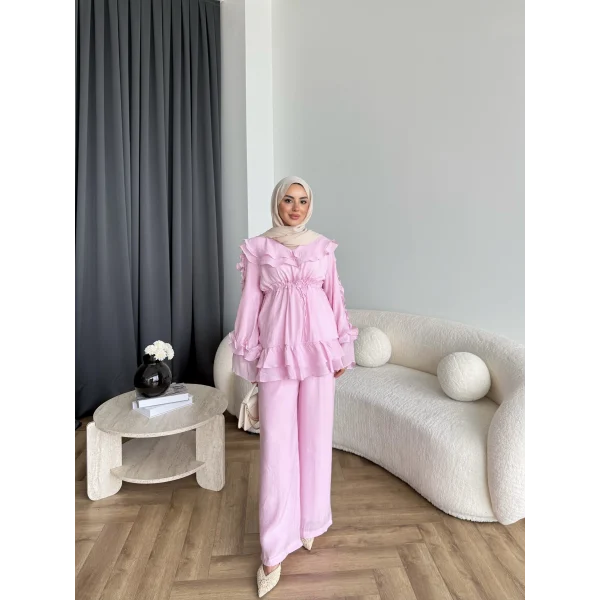Pwn - Kante Fırfır Detay Takım - Pembe