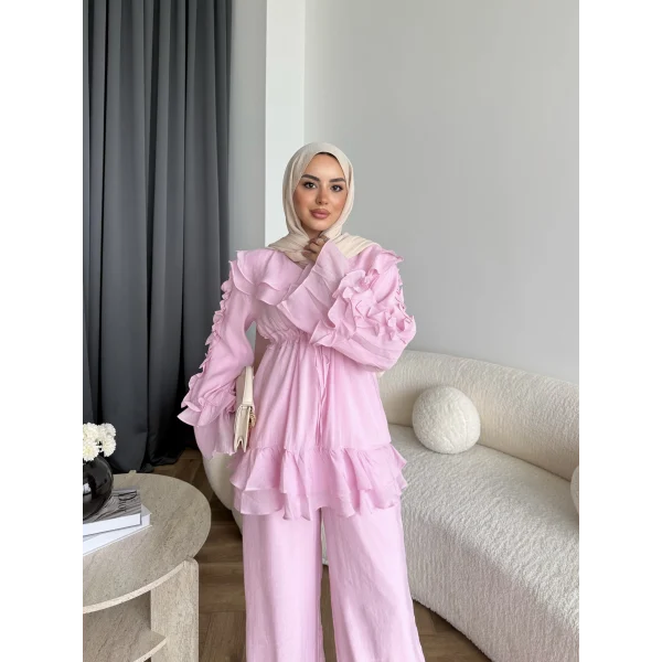 Pwn - Kante Fırfır Detay Takım - Pembe