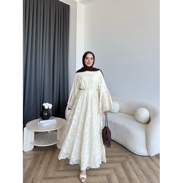 Seh - Çiçek Desenli Vual Elbise - Ekru