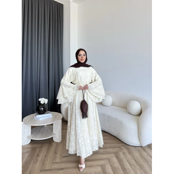 Seh - Çiçek Desenli Vual Elbise - Ekru