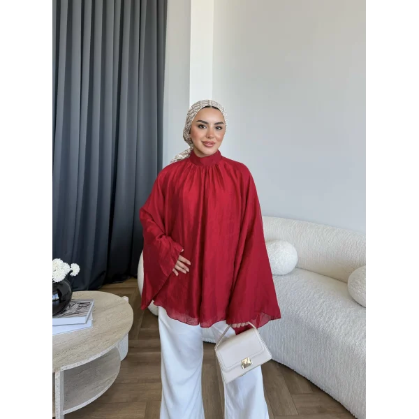 Qu - Lesta Balon Kol Gömlek - KırmızI