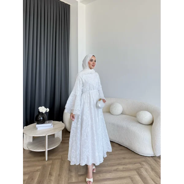 Qu- Yeni Desen Selen Elbise - Beyaz