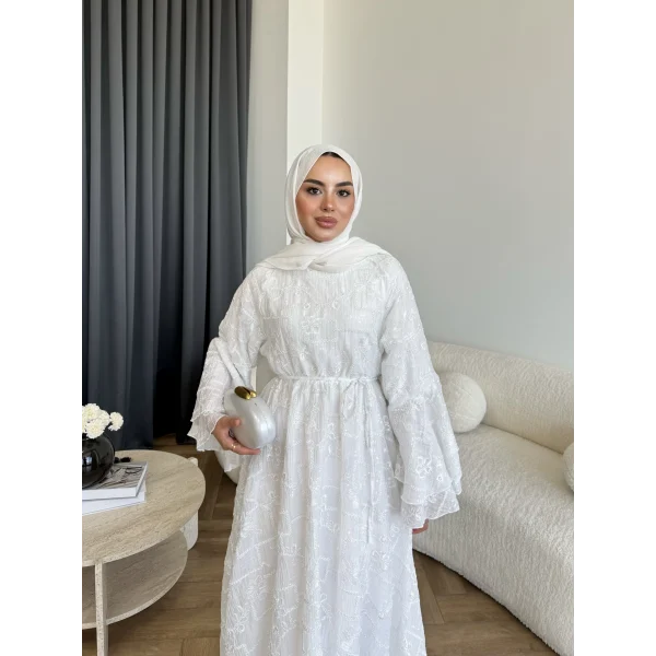 Qu- Yeni Desen Selen Elbise - Beyaz
