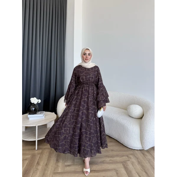 Qu- Yeni Desen Selen Elbise - Kahve