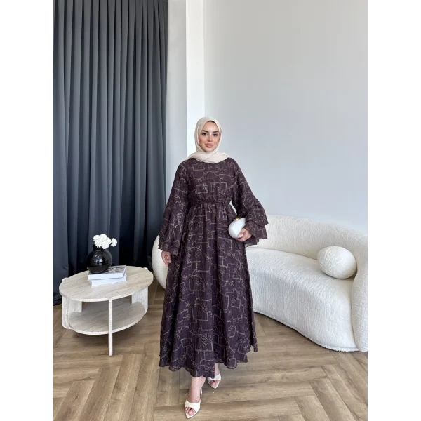 Qu- Yeni Desen Selen Elbise - Kahve