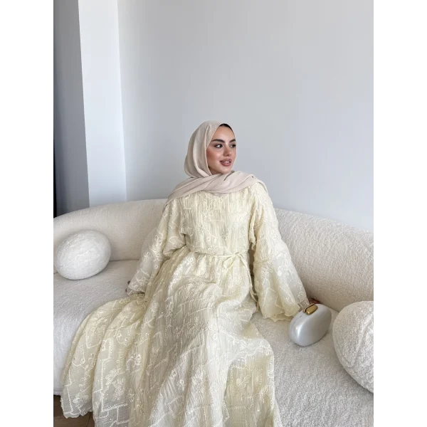 Qu- Yeni Desen Selen Elbise - Krem