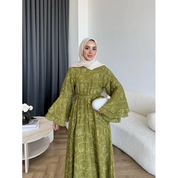 Qu- Yeni Desen Selen Elbise - Yeşil