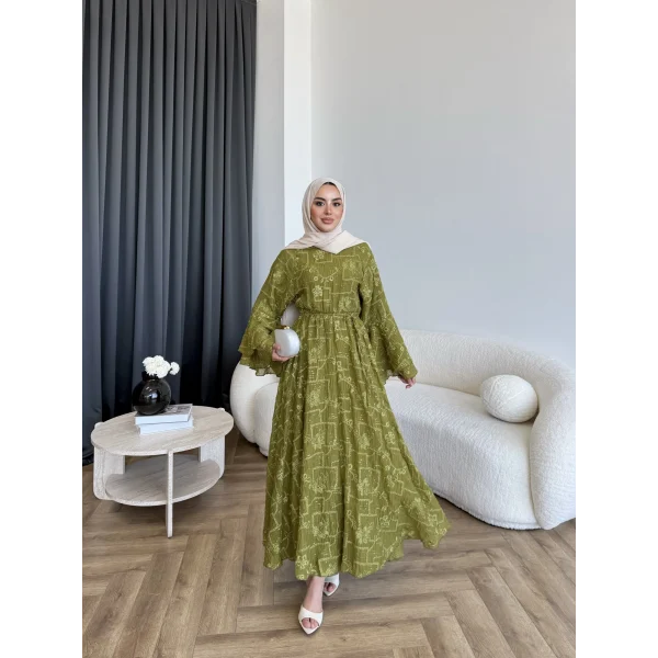 Qu- Yeni Desen Selen Elbise - Yeşil