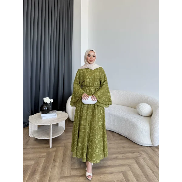 Qu- Yeni Desen Selen Elbise - Yeşil