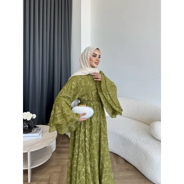 Qu- Yeni Desen Selen Elbise - Yeşil
