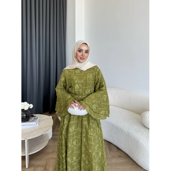 Qu- Yeni Desen Selen Elbise - Yeşil
