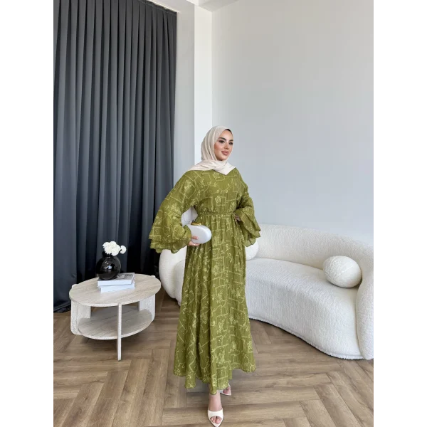Qu- Yeni Desen Selen Elbise - Yeşil