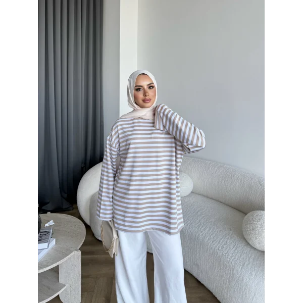 Seh - Çizgili 2 İplik Sweat - Bej
