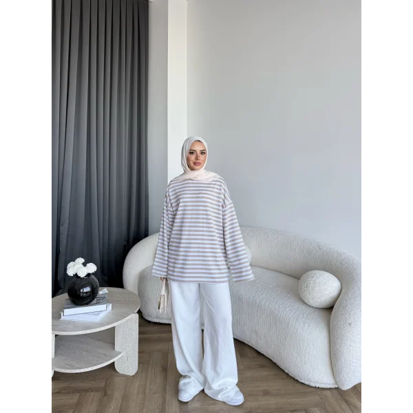 Seh - Çizgili 2 İplik Sweat - Bej