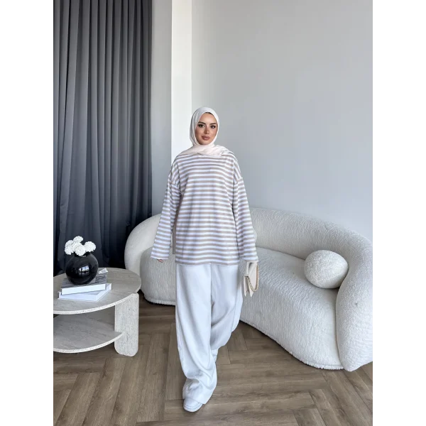 Seh - Çizgili 2 İplik Sweat - Bej