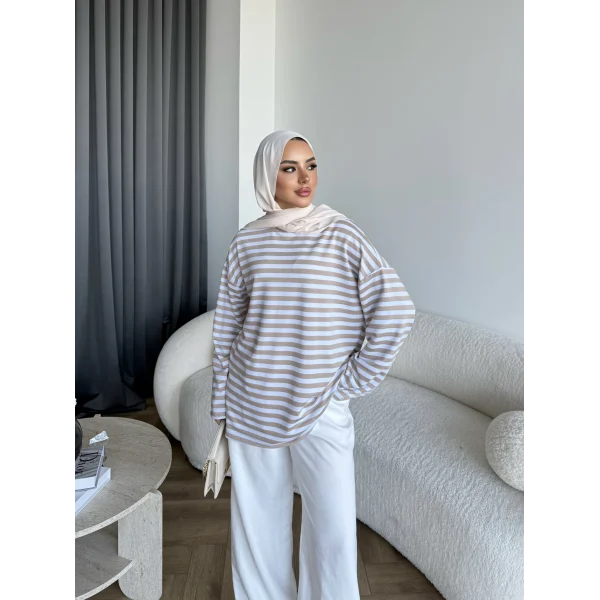 Seh - Çizgili 2 İplik Sweat - Bej
