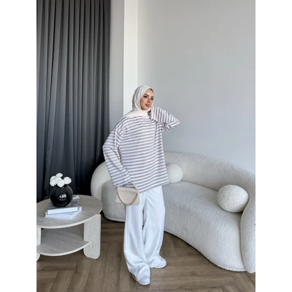 Seh - Çizgili 2 İplik Sweat - Bej