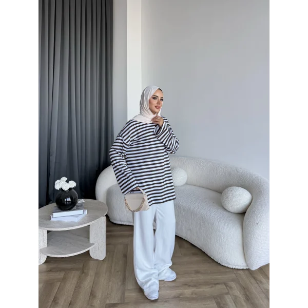 Seh - Çizgili 2 İplik Sweat - Kahve
