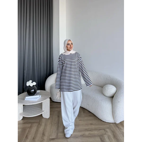 Seh - Çizgili 2 İplik Sweat - Kahve