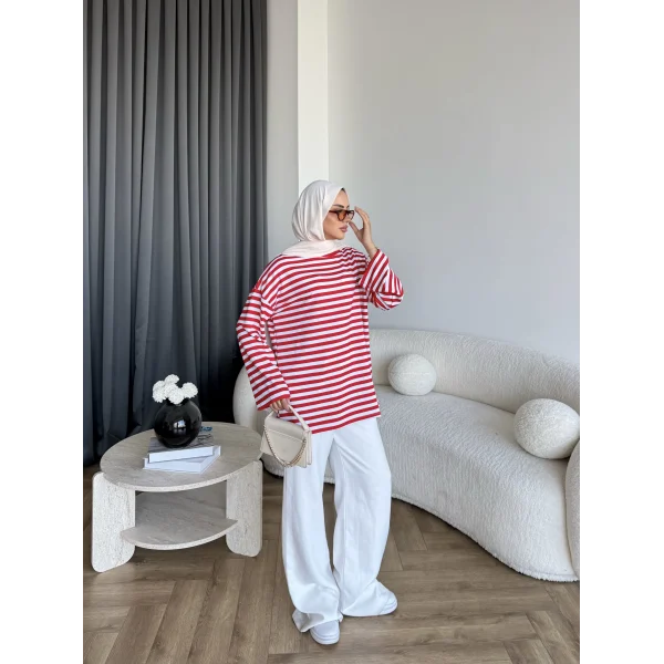 Seh - Çizgili 2 İplik Sweat - Kırmızı