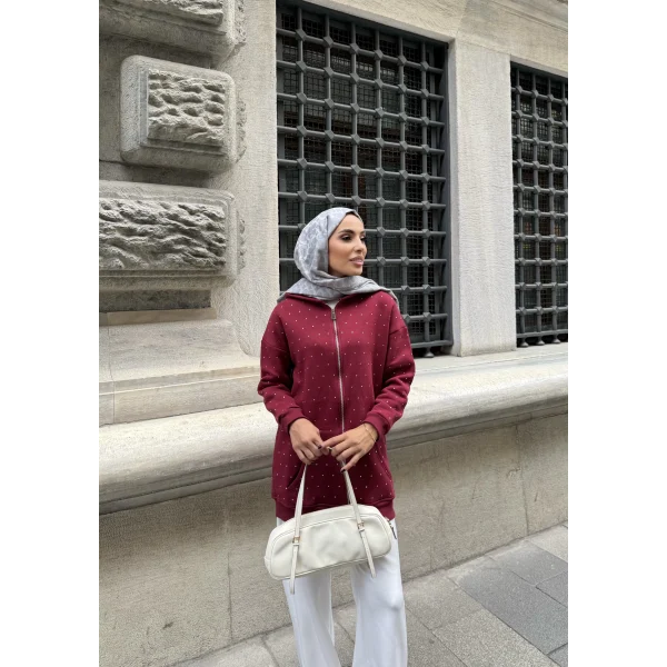 Soul Taşlı Hırka - Bordo