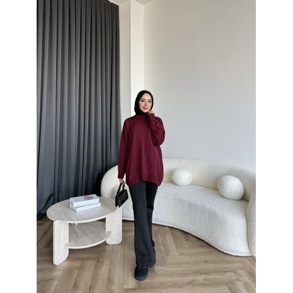 Sümy Kol Katlamalı Triko Kazak - Bordo